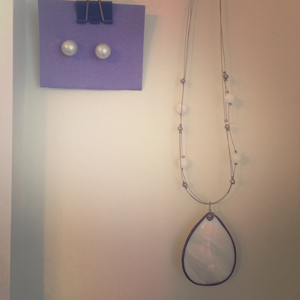 Mother of Pearl Pendant Necklace, Faux Pearl Studs